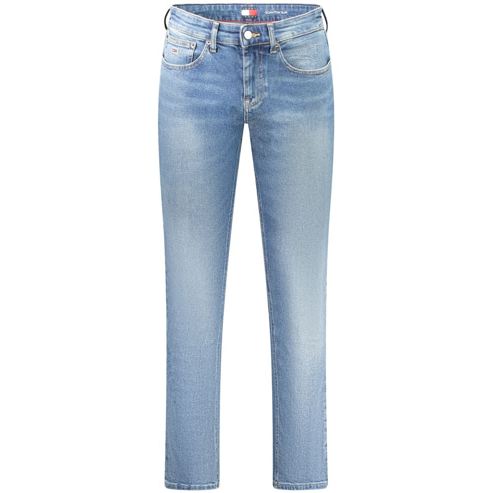 Tommy Hilfiger Blue Cotton Men Jeans, slim fit with washed effect, showcasing sleek silhouette and iconic logo.