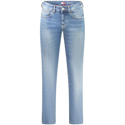 Tommy Hilfiger Blue Cotton Men Jeans, slim fit with washed effect, showcasing sleek silhouette and iconic logo.