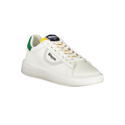 Blauer White Leather Men Sneaker with green accents and dynamic print. Premium lace-up design with signature logo for trendy sophistication.