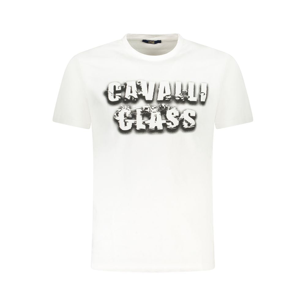 Cavalli Class White Cotton Men T-Shirt with bold print and logo, short-sleeve crew neck tee for casual luxury and comfort.
