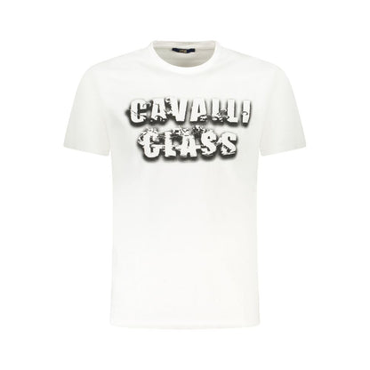 Cavalli Class White Cotton Men T-Shirt with bold print and logo, short-sleeve crew neck tee for casual luxury and comfort.