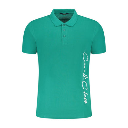 Cavalli Class Green Cotton Men Polo Shirt with short sleeves, three buttons, and logo print, offering luxurious comfort and high-end style.