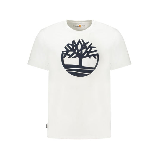 Timberland White Cotton Men T-Shirt featuring bold logo print, crafted from pure cotton for ultimate comfort and casual style.