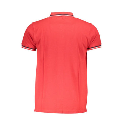 Back view of Cavalli Class Red Cotton Men Polo Shirt with short sleeves and contrasting collar details.