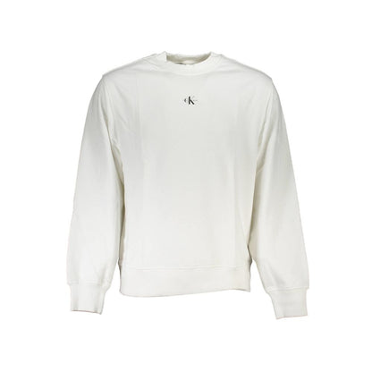 Calvin Klein White Cotton Men Sweater with long sleeves and signature logo on soft, crew neck fabric.