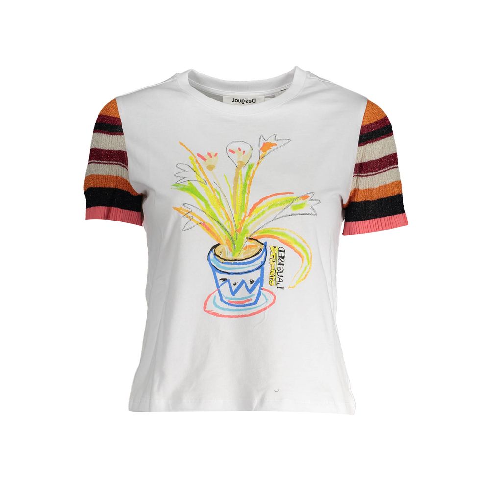 Desigual White Cotton Women T-Shirt with vibrant print and stripes, showcasing the brand's unique style, perfect for fashion-forward individuals.