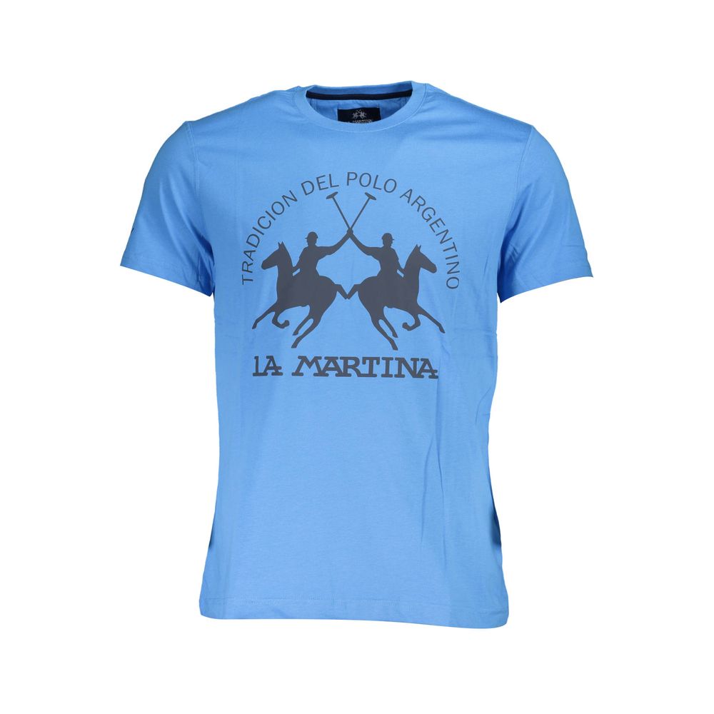 La Martina Blue Cotton Men T-Shirt with short sleeves and polo graphic print
