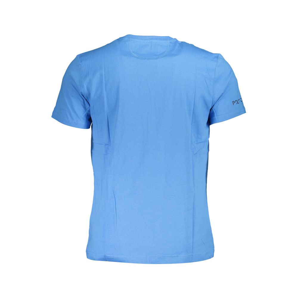 Back view of La Martina Blue Cotton Men T-Shirt featuring short sleeves and a crew neck, showcasing casual luxury and sophisticated style.
