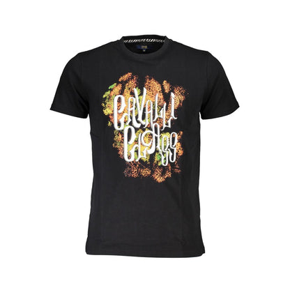 Cavalli Class Black Cotton Men T-Shirt featuring bold print and Cavalli Class logo on front, crafted for luxury and comfort.