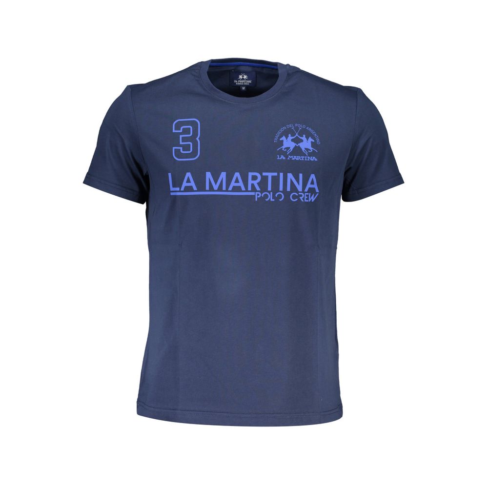 La Martina Blue Cotton Men T-Shirt with print and logo on chest, short sleeve, crew neck, vibrant blue.