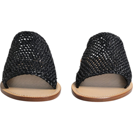 Dolce & Gabbana Black Monochrome Braided Raffia Slides Shoes MV7316-40