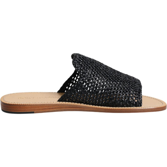 Dolce & Gabbana Black Monochrome Braided Raffia Slides Shoes MV7316-40