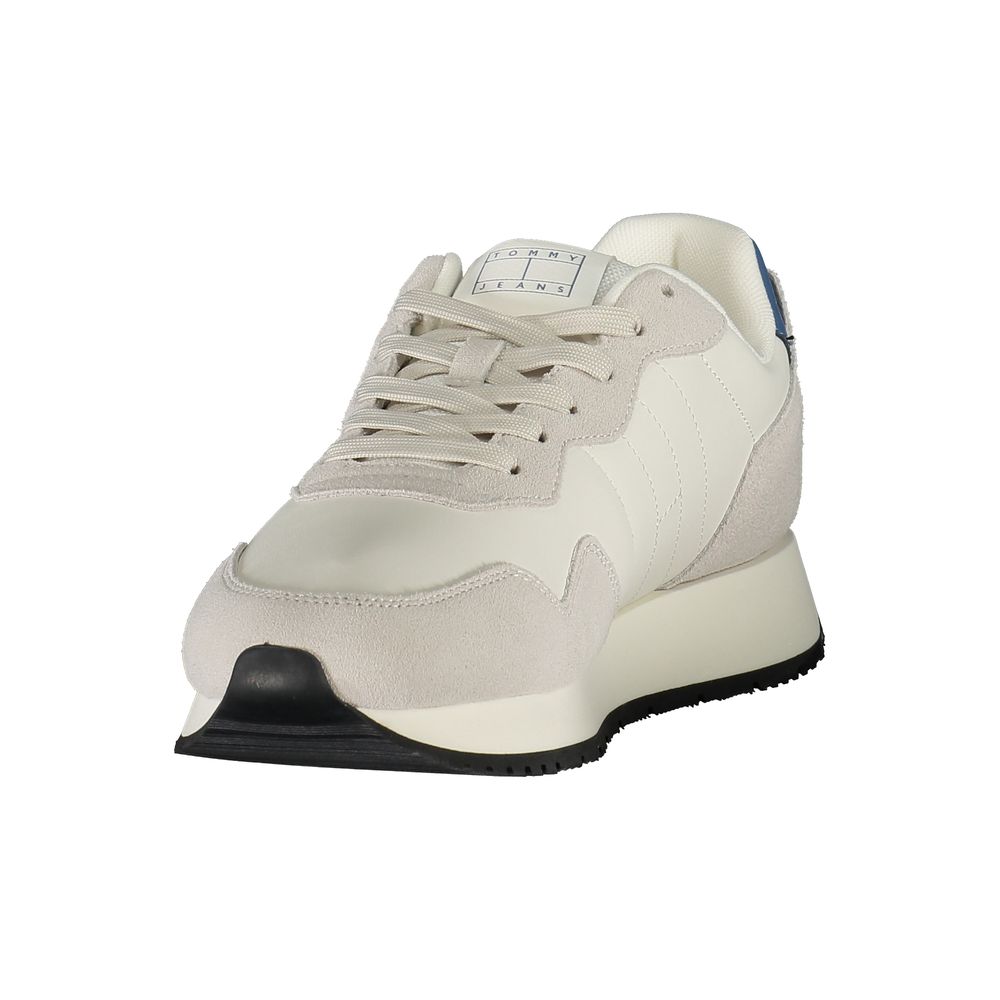 Tommy Hilfiger White Leather Men Sneaker with blue accents, perfect for casual style and comfort with removable insole.