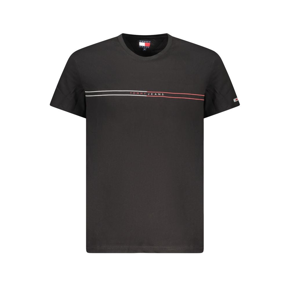 Tommy Hilfiger Black Cotton Men T-Shirt with classic logo design, showcasing eco-conscious fashion made from 95% regenerative cotton.