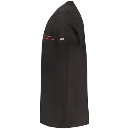 Side view of Tommy Hilfiger Black Cotton Men T-Shirt with logo detail, showcasing eco-friendly fashion and classic style.