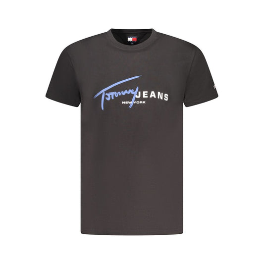Tommy Hilfiger Black Cotton Men T-Shirt with signature logo and crew neck design, emphasizing sustainable fashion.