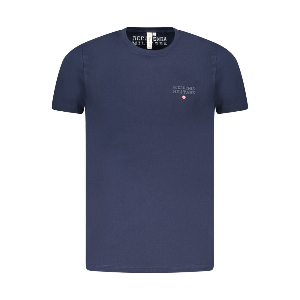Accademia Militare Blue Cotton T-Shirt with short sleeves and crew neck, featuring a small academy print and logo.