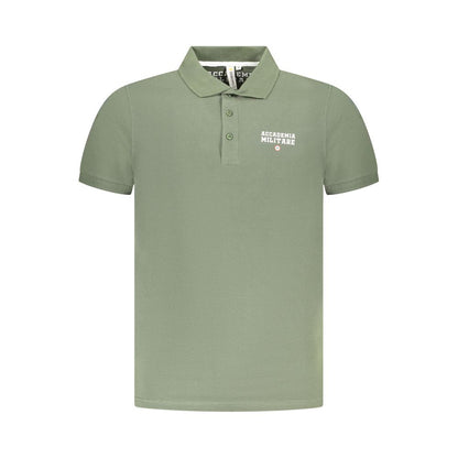 Accademia Militare Green Cotton Polo Shirt with short sleeves, 3 buttons, logo print on chest, and tricolore design.
