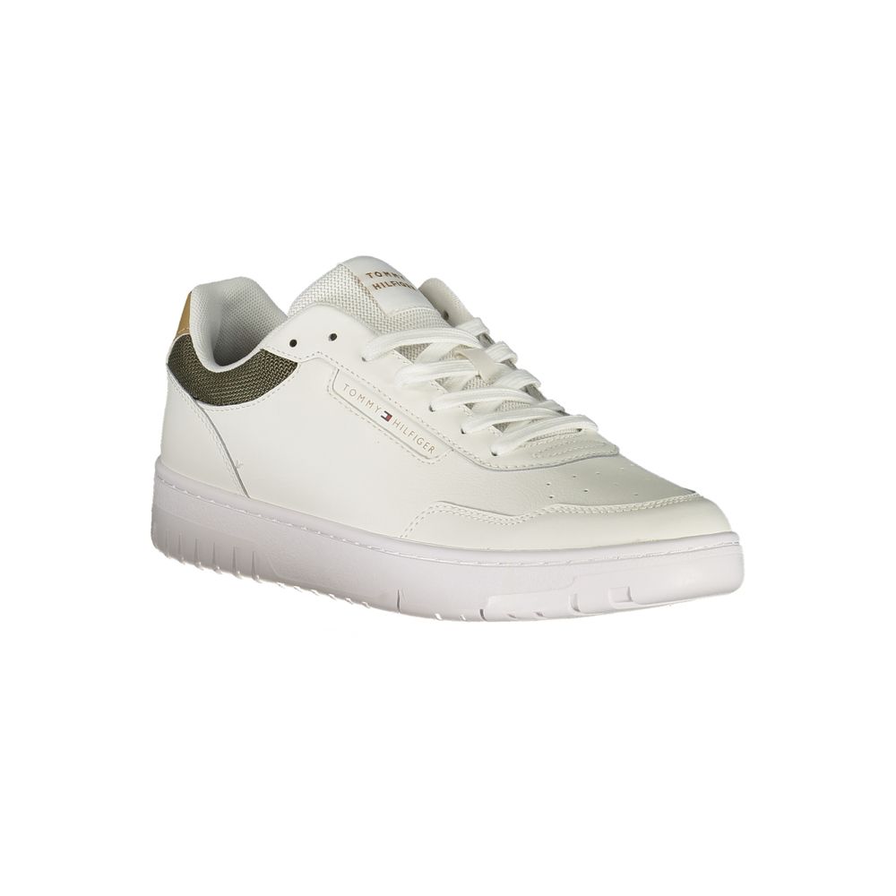Tommy Hilfiger White Leather Men Sneaker with green and beige accents, featuring a removable insole and iconic brand logo.