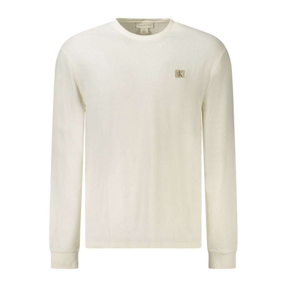 Calvin Klein White Cotton Men Sweater with long sleeves and iconic logo, perfect for modern style and comfort.