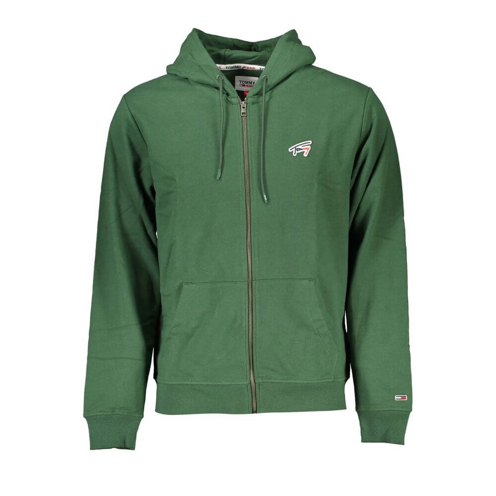 Tommy Hilfiger Green Cotton Men Sweater with Hood, eco-friendly design, features iconic logo, ideal for sustainable street fashion.