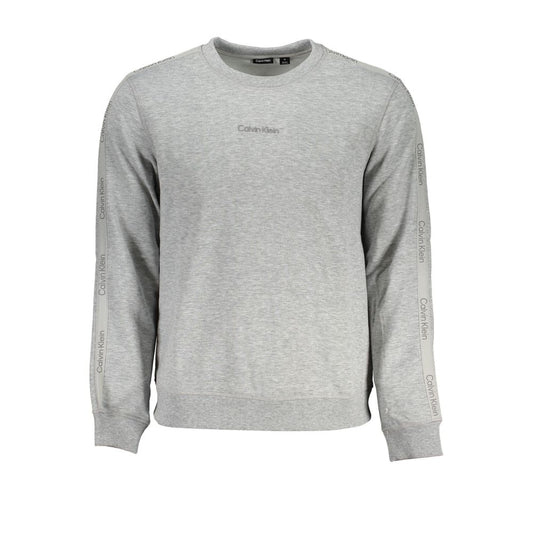 Calvin Klein Gray Polyester Men Sweater, long sleeve with printed logo, crew neck design for casual comfort and athletic style.