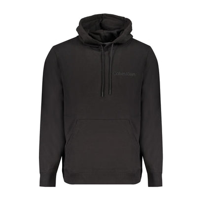 Calvin Klein Black Cotton Men Sweater with hood, front pocket, and iconic logo, perfect for modern trendsetters seeking comfort and style.