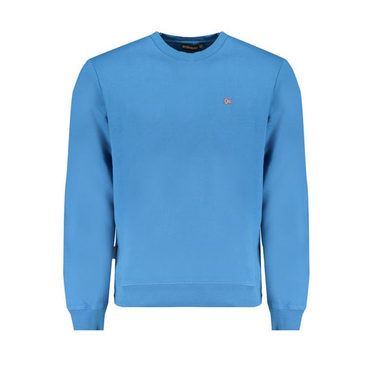 Napapijri Blue Cotton Men Sweater with long sleeves, crew neck, and logo embroidery in striking blue hue.