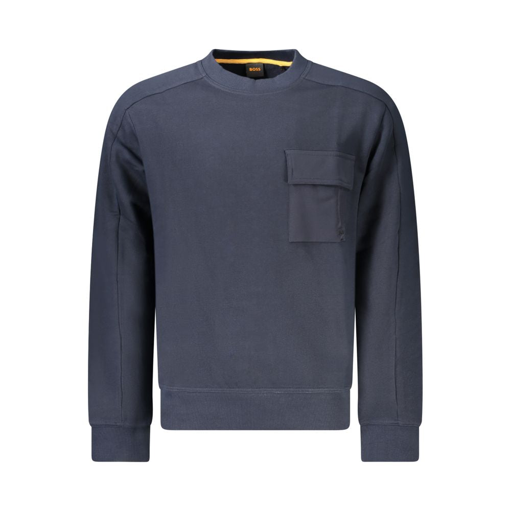 Hugo Boss Blue Cotton Men Sweater with long sleeves, stylish crew neck, and contrasting details, made from organic cotton for a sustainable choice.