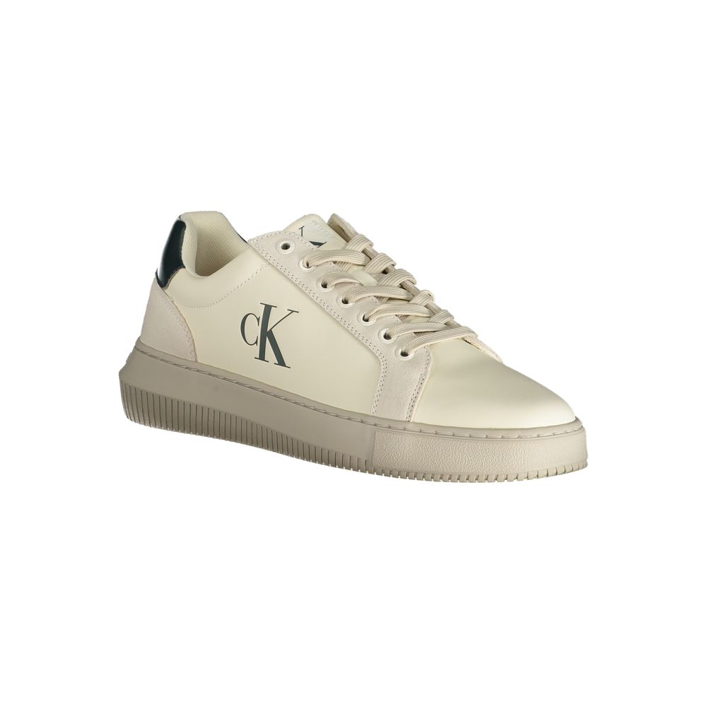 Calvin Klein White Polyester Sneaker featuring laces, logo, contrasting details, and 50% recycled thermoplastic rubber sole.