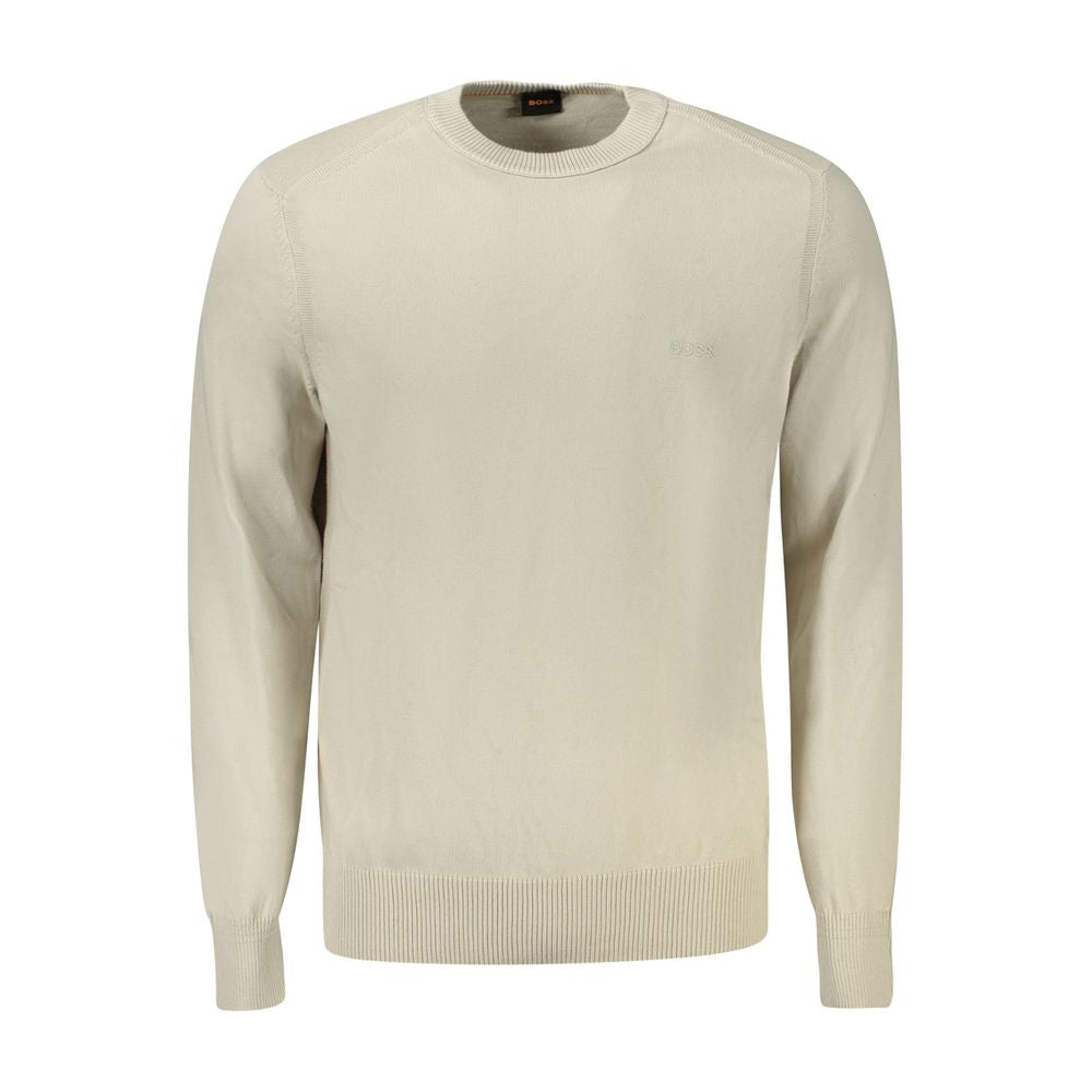 Hugo Boss Beige Cotton Sweater with long sleeves, crew neck, and embroidered logo.