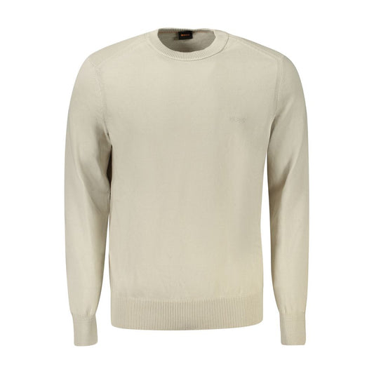 Hugo Boss Beige Cotton Sweater with long sleeves, crew neck, and embroidered logo.