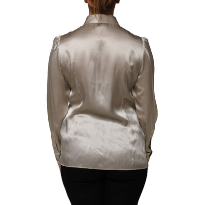 Dolce & Gabbana Beige Satin Silk Collared Long Sleeves Top