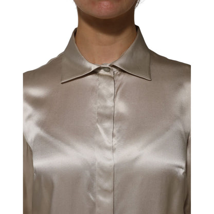 Dolce & Gabbana Beige Satin Silk Collared Long Sleeves Top