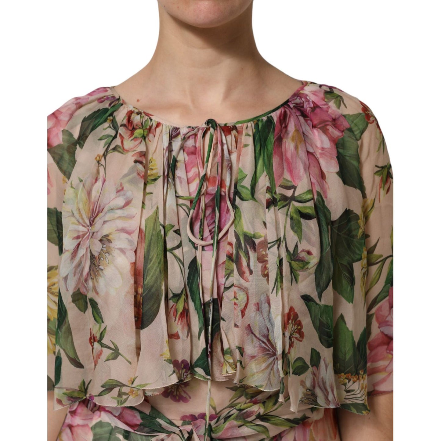 Dolce & Gabbana Pink Floral Print Tiered Long Maxi Dress