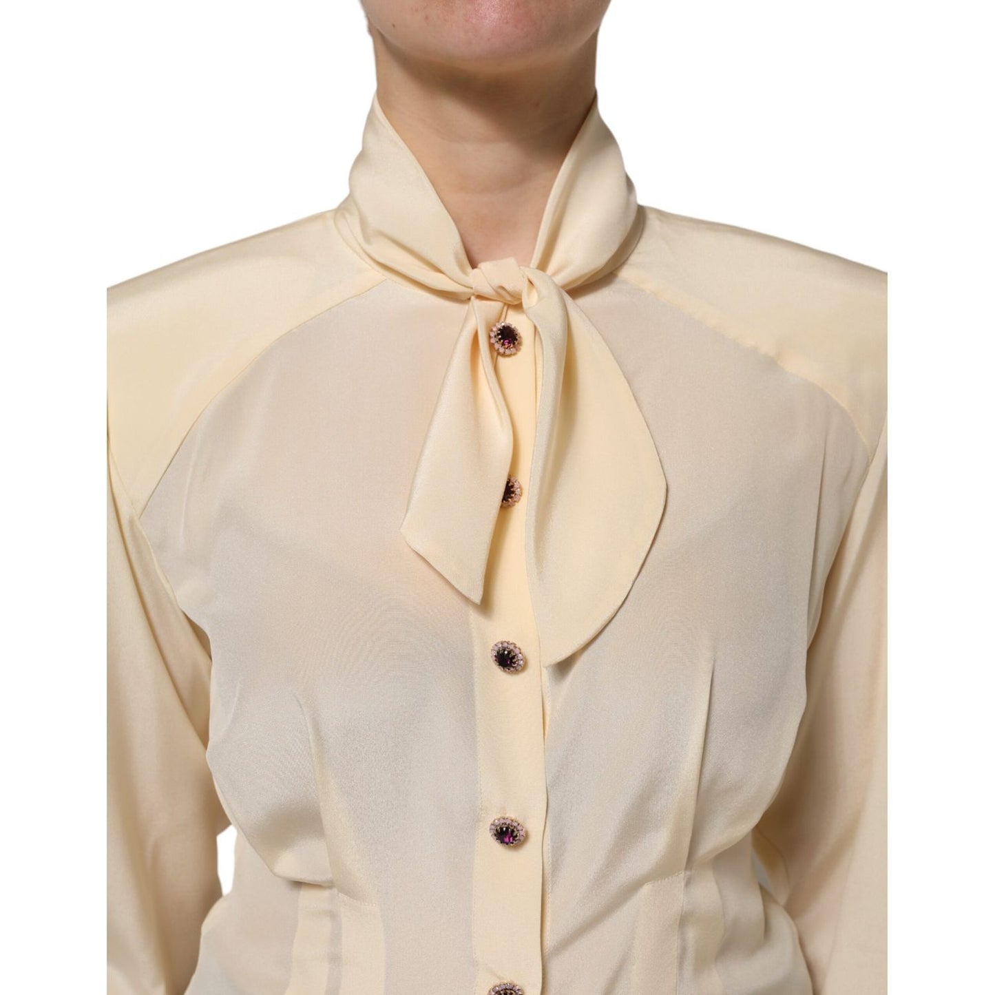 Dolce & Gabbana Light Yellow Silk Ascot Collared Blouse Top