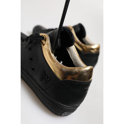 Leather Crown Black Gold Lace Up Low Top Women Sneakers Shoes