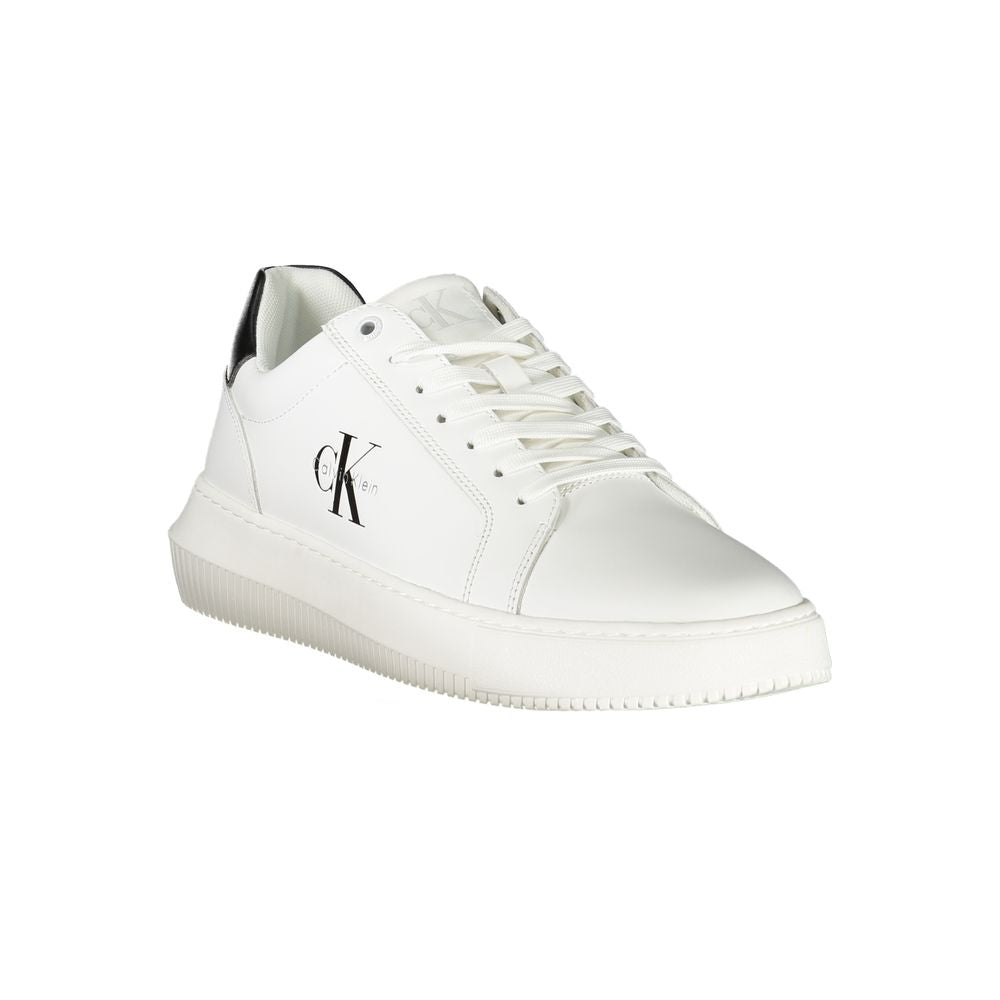 Calvin Klein White Leather Men Sneaker with black accents and bold logo, perfect for modern street style fashion.