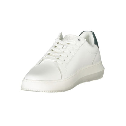 Calvin Klein White Leather Men Sneaker with green accents and removable insole, showcasing sleek design and iconic style.
