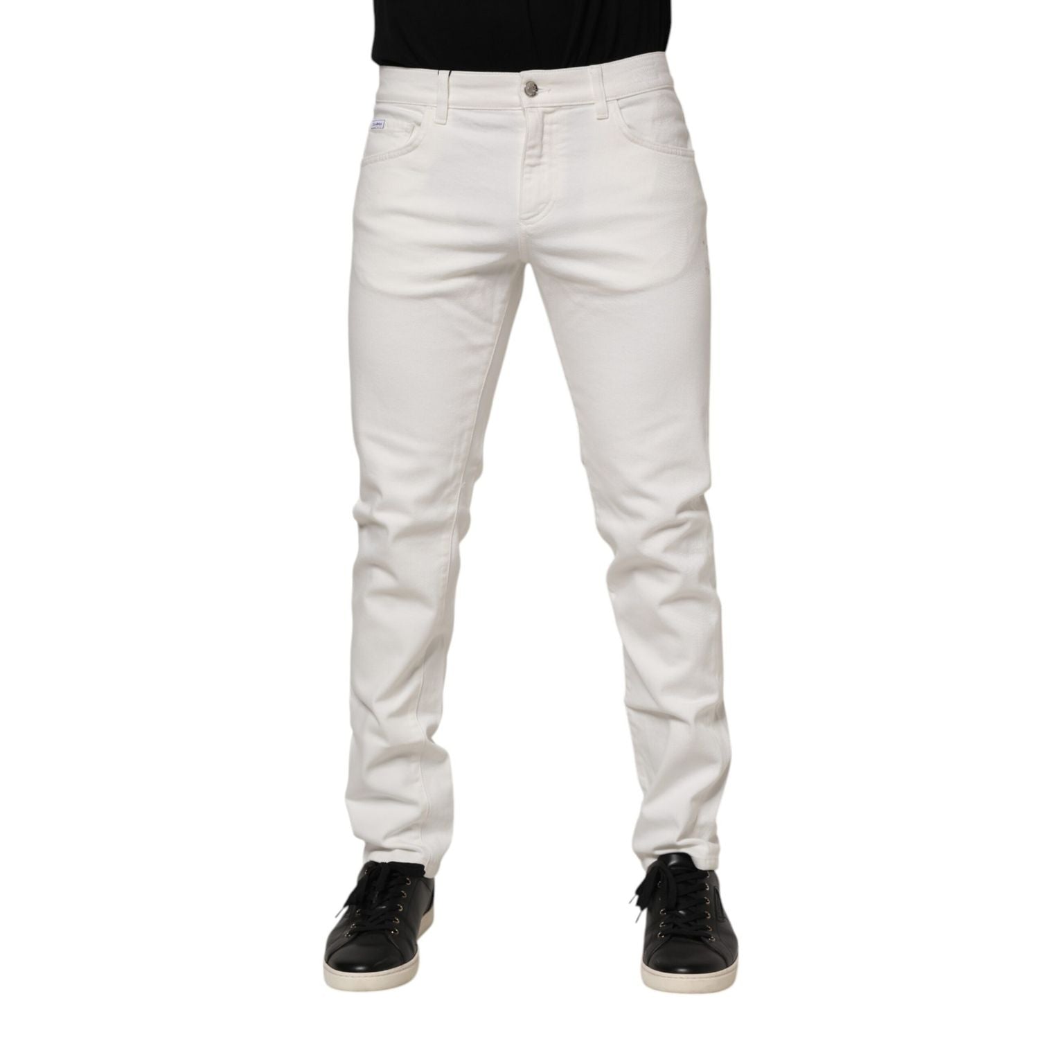 Dolce & Gabbana White Cotton Logo Plaque Slim Fit Denim Jeans