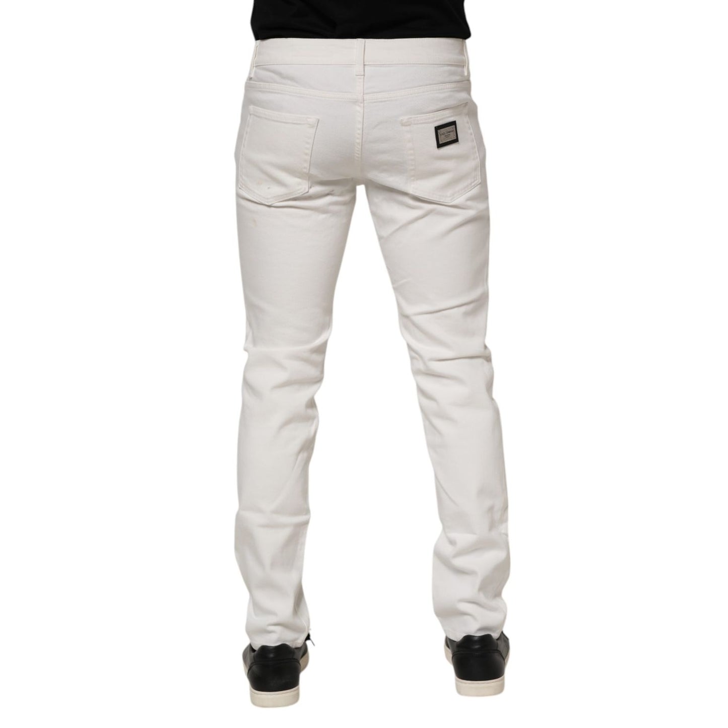 Dolce & Gabbana White Cotton Logo Plaque Slim Fit Denim Jeans