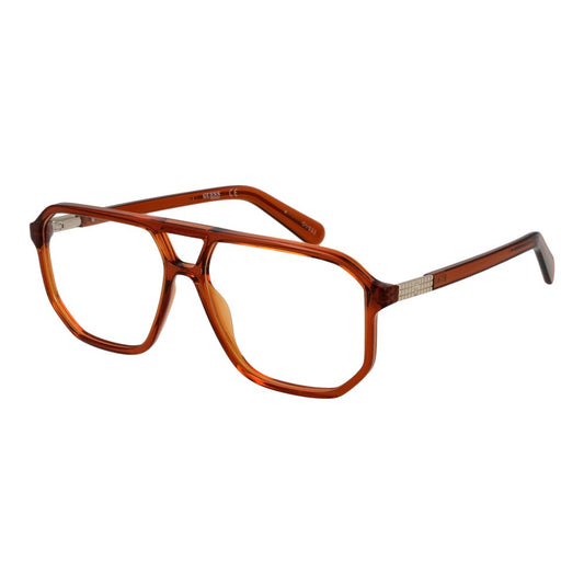 Guess Brown Unisex Glasses Frame with plastic and metal full-rim aviator style, demo lenses, and spring hinge. Includes branded case.