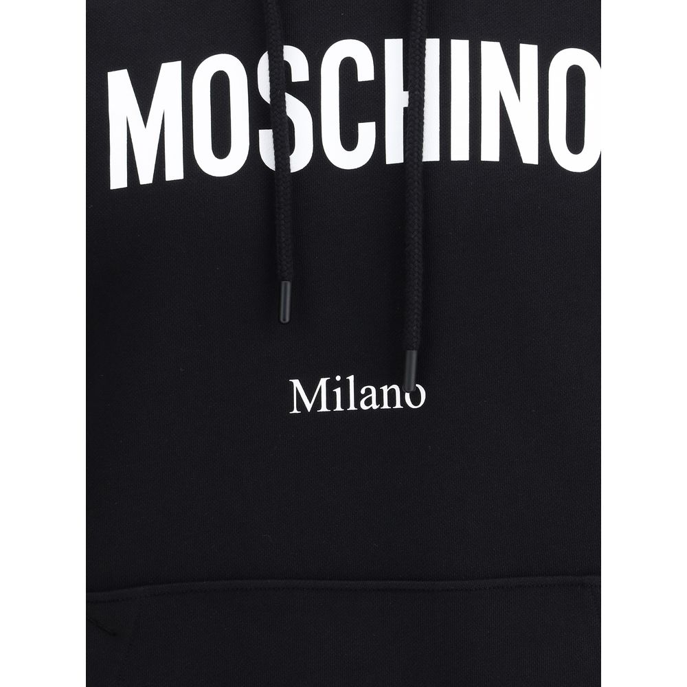 Moschino Black Cotton Sweatshirt with white monogram and drawstring hood, front pouch pocket, showing contemporary design detail.