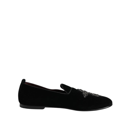Dolce & Gabbana Black Velvet Crystal Crown Formal Dress Shoes