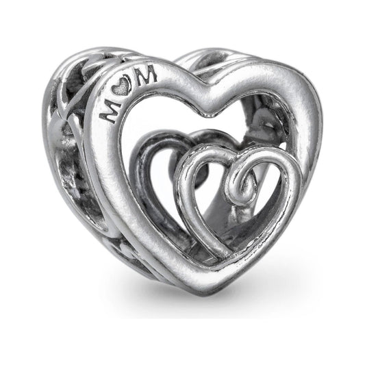 PANDORA silver heart charm 790800C00 for ladies in official box, engraved with 'MOM', crafted from 925 silver.