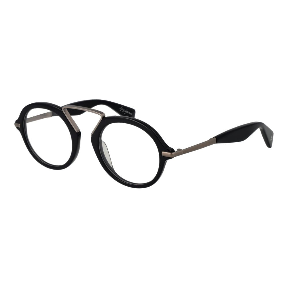 Yohji Yamamoto Black Men Glasses Frame with round full-rim plastic design and demo lenses.