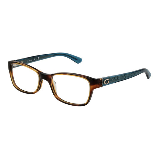 Guess Brown Women Glasses Frame, full-rim acetate rectangular style, demo lenses, includes branded case. Size 53-17-135, brown color.