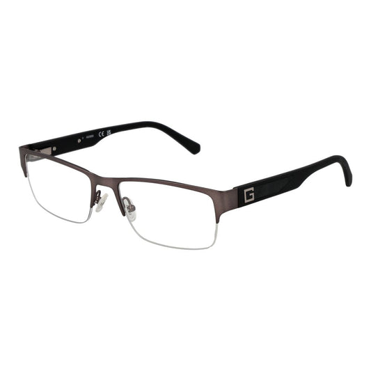 Guess Brown Men Glasses Frame with half-rim metal frame, rectangle style, and demo plastic lenses. Includes branded case. Model size 56-18-145.