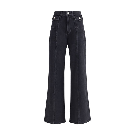 7FOR Black Cotton Jeans Denim featuring wide leg, high waist, front seam detail, and gold-trimmed flap pockets for stylish comfort.