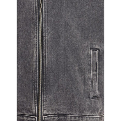Close-up of 7FOR Gray Cotton Denim Jacket showing zipper and pocket details for a refined and versatile style.